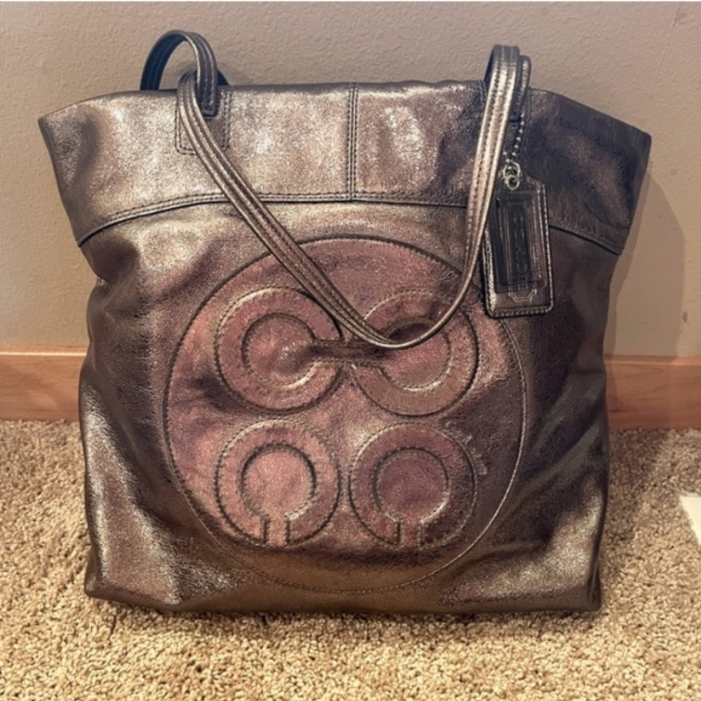 Coach Leather ROSE GOLD Bronze METALLIC TOTE BAG Laura Op Art Julia Perry